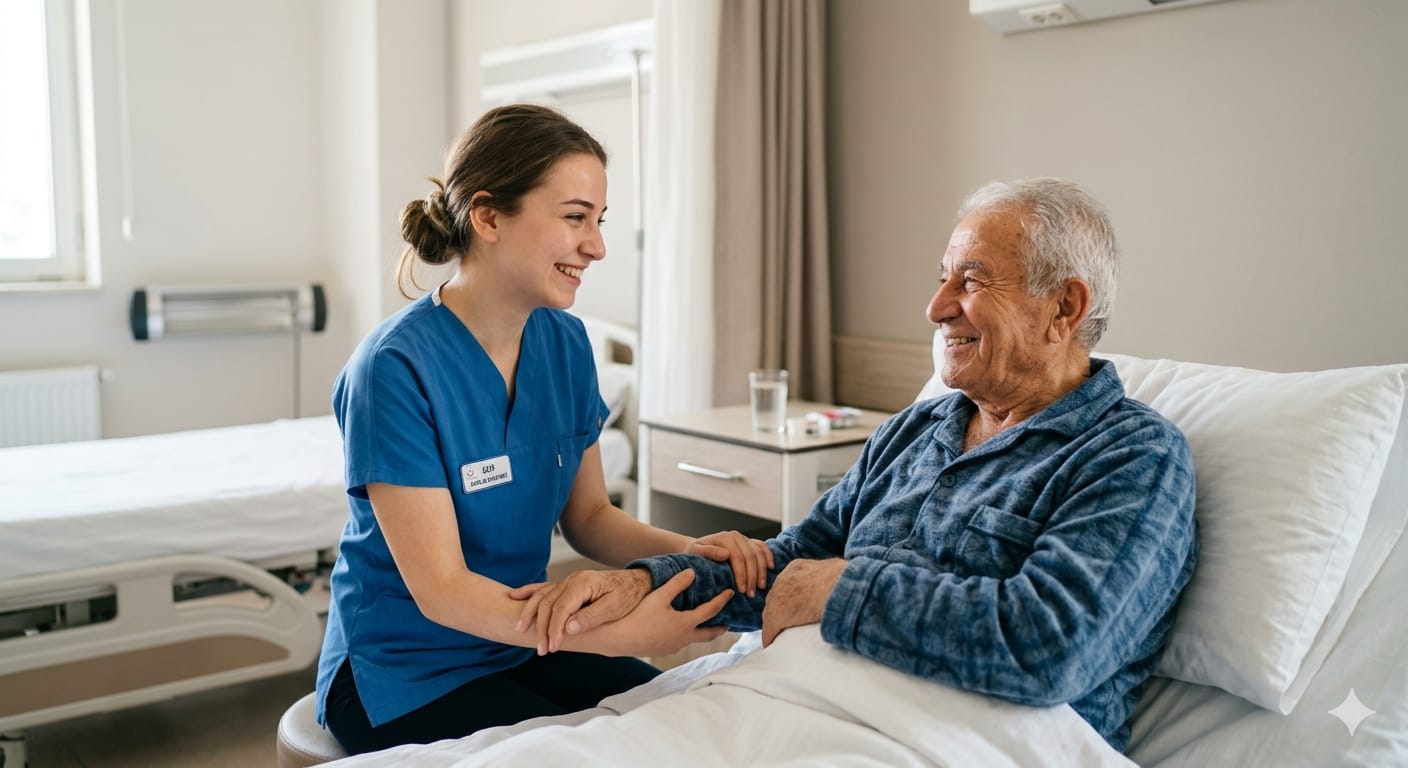[Nurse assisting elderly]